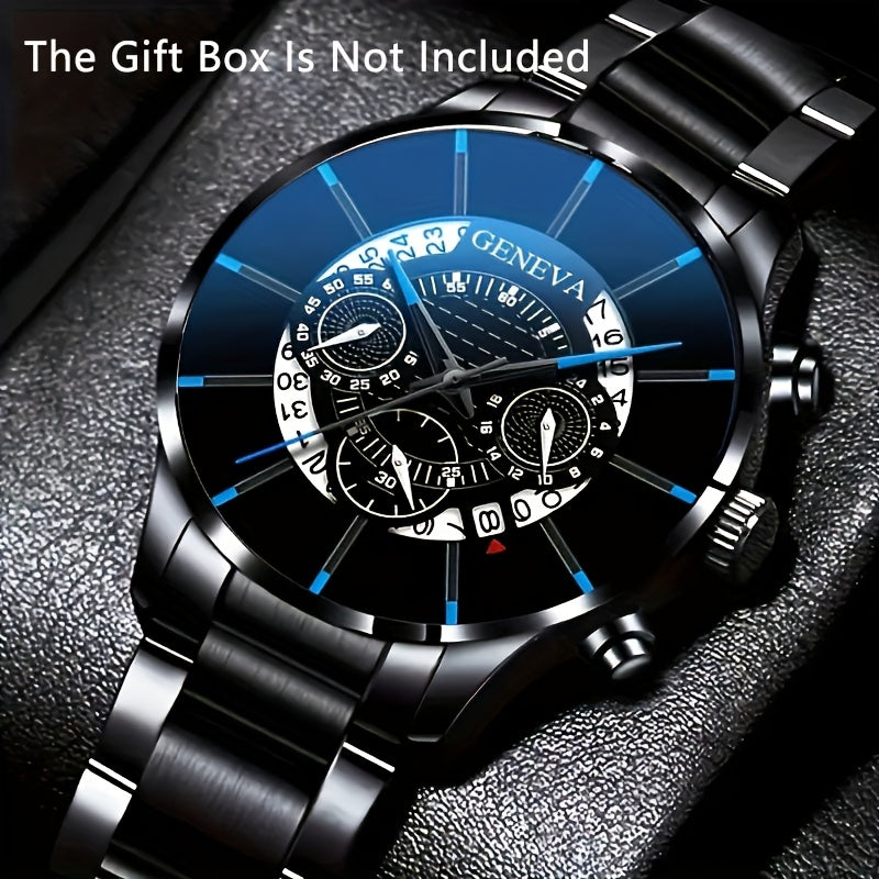 Men's Black Stainless Steel Quartz Watch with Round Zinc Alloy Case and Pointer Display