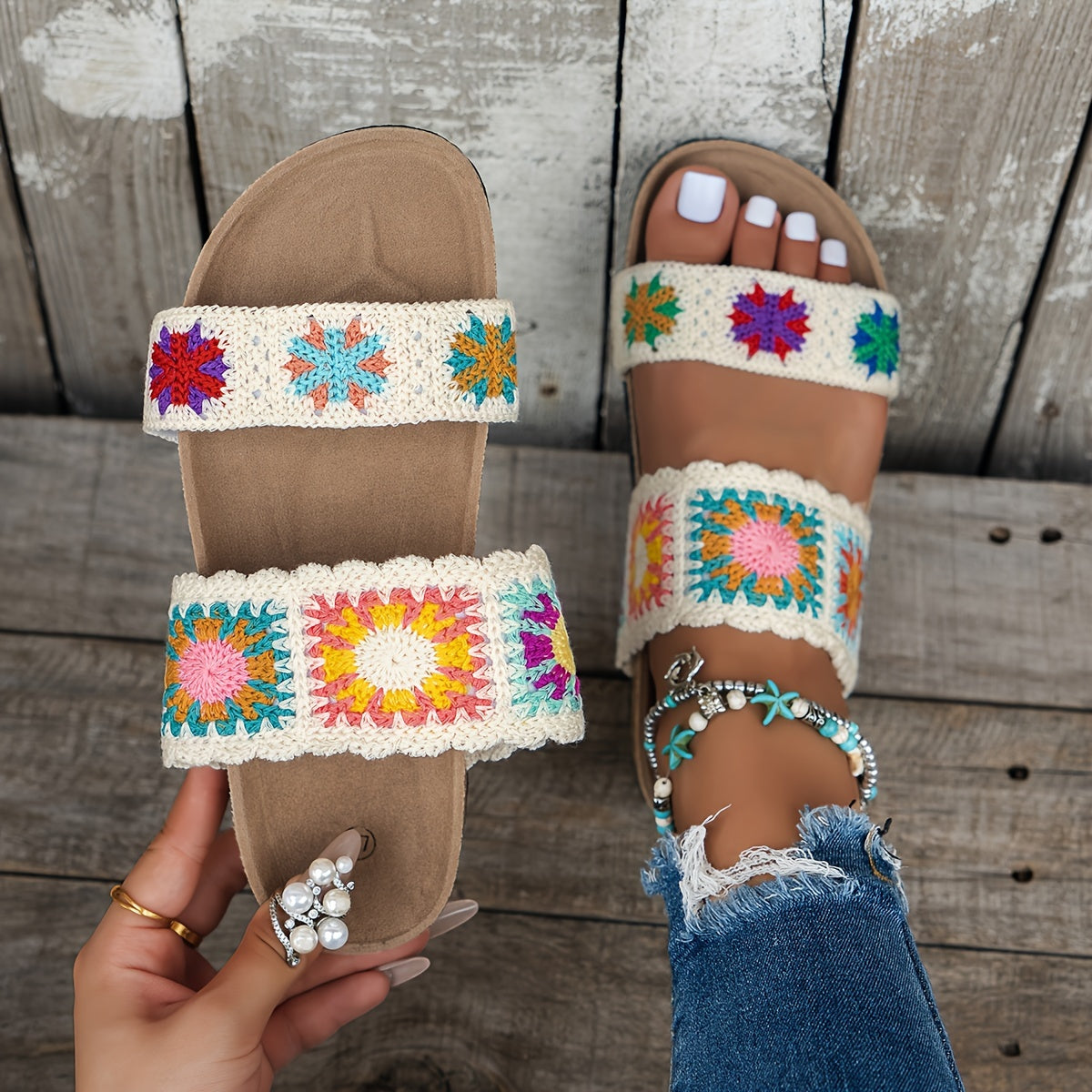 Women's Knitted Floral Flat Slippers Non-Slip Open-Toe Large Size Shoes