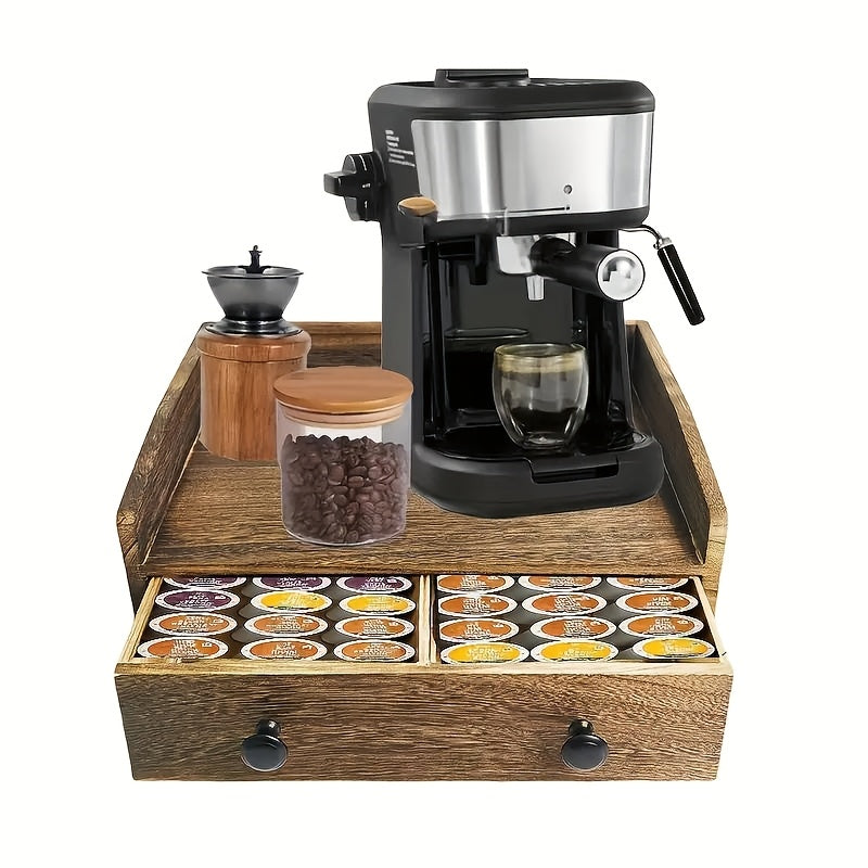 Rustic Wood Coffee Station Organizer with Drawer and K Cup Holder