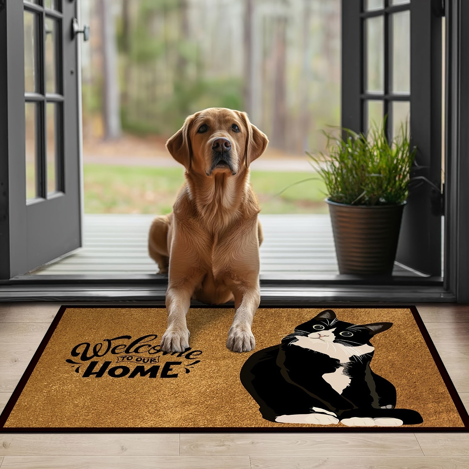 Black and White Cat Welcome Doormat Polyester Non-Slip Entry Rug
