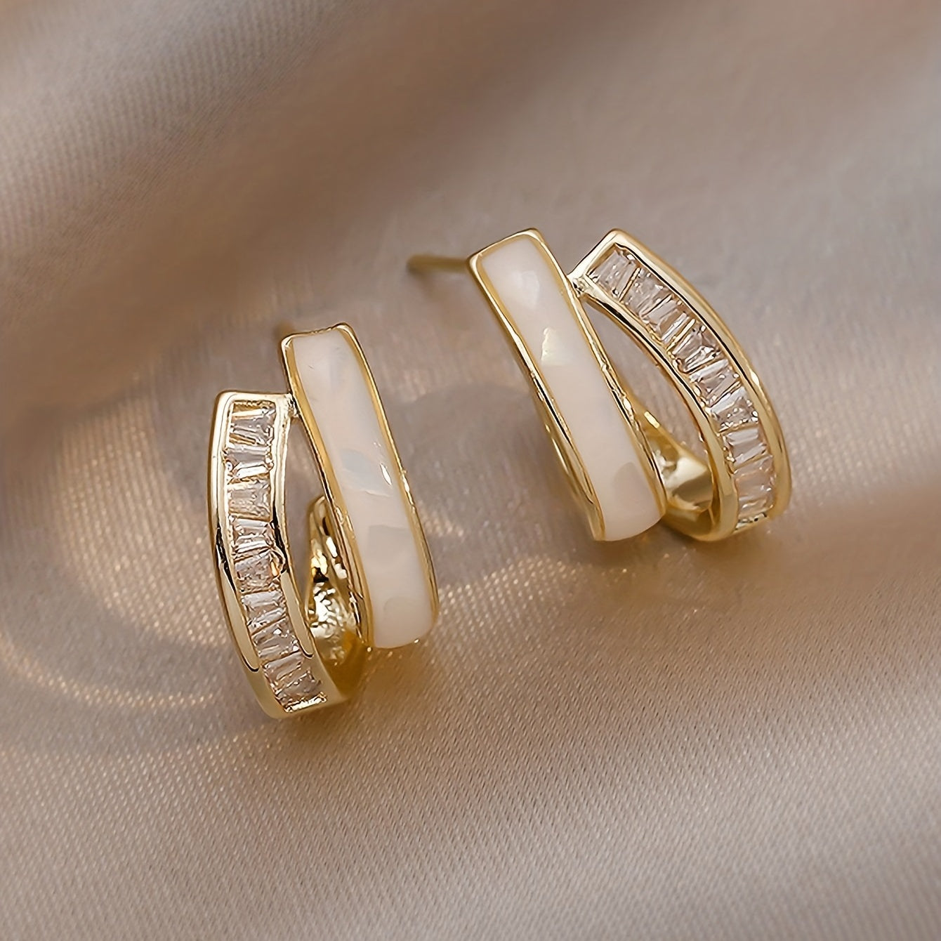 Women's Double Layer C-Shaped Stud Earrings 18K Gold Plated Silver Zirconia