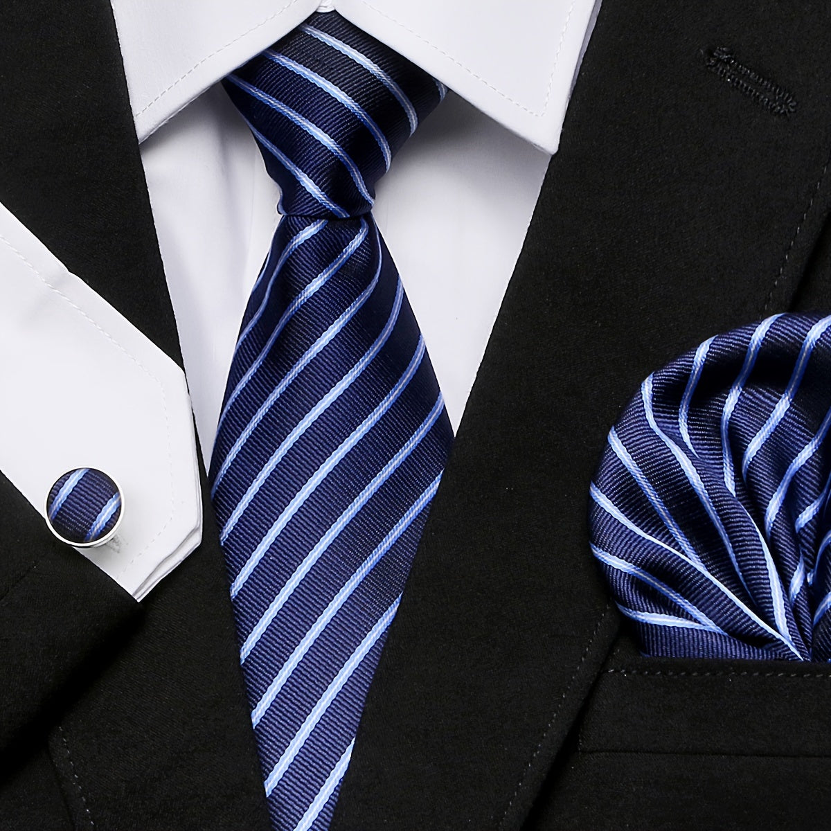 Elegant Paisley Stripe Tie Set with Pocket Square and Cufflinks for Weddings and Formal Events