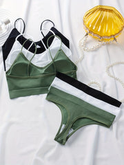 Women's Lace Lingerie Set with Ribbed Cami Bra and Thongs 3-Piece