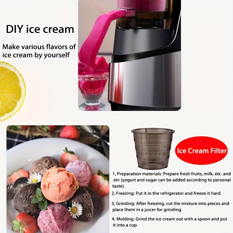 EU Plug Hilton Cold Press Juicer, 300W sekin masticating mashinalari, butun mevalar va sabzavotlar uchun katta oziqlantirish qudug'i, tozalash oson, yuqori sharbat hosili, DIY muzqaymoq, zanglamaydigan po'latdan.