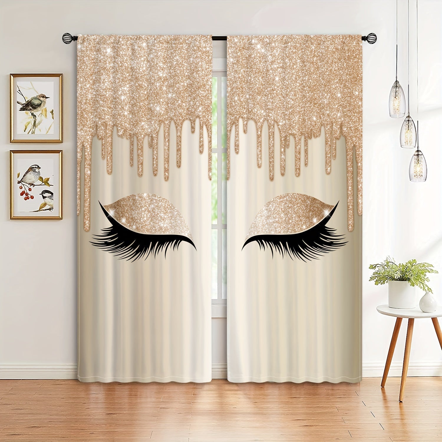 Set of Two Eyelash Printed Curtains, Rod Pocket Window Treatments for Bedroom and Living Room