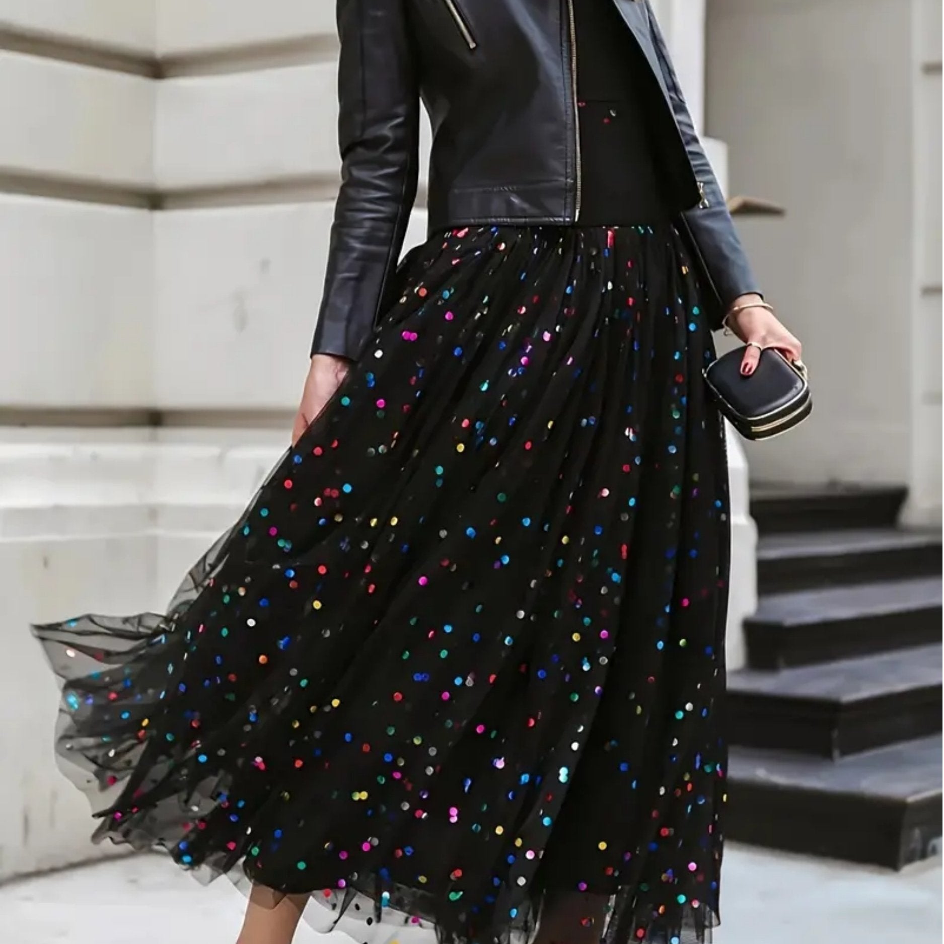 Women's Pleated Knit Skirt with Contrast Mesh Polyester Spring Summer Fall