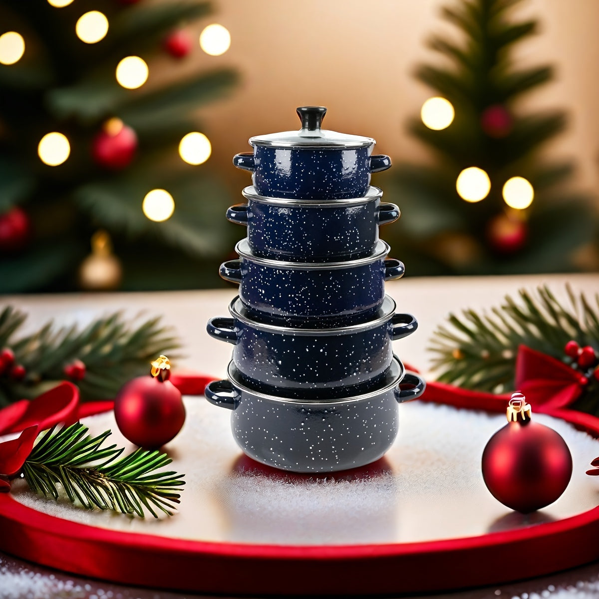 Набор из 5 эмалированных кухонных принадлежностей для Рождества - легкие, портативные и универсальные кастрюли для супов, рагу и многого другого - подходят для газовых и электрических плит - идеальны для домашних кухонь и ресторанов
