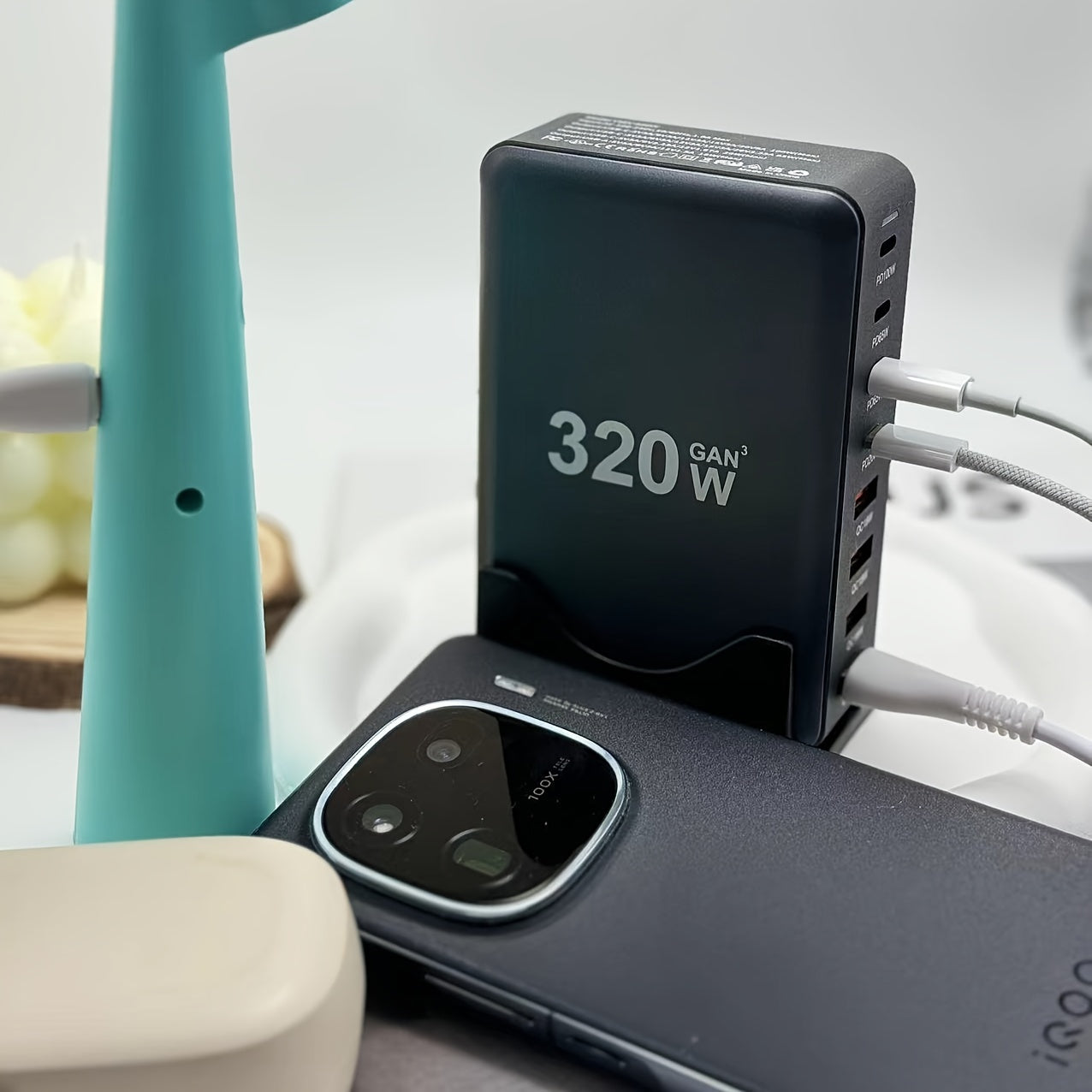 320W GaN III USB-C Charger with 8 Ports Fast Charging for MacBook iPad Samsung European Plug