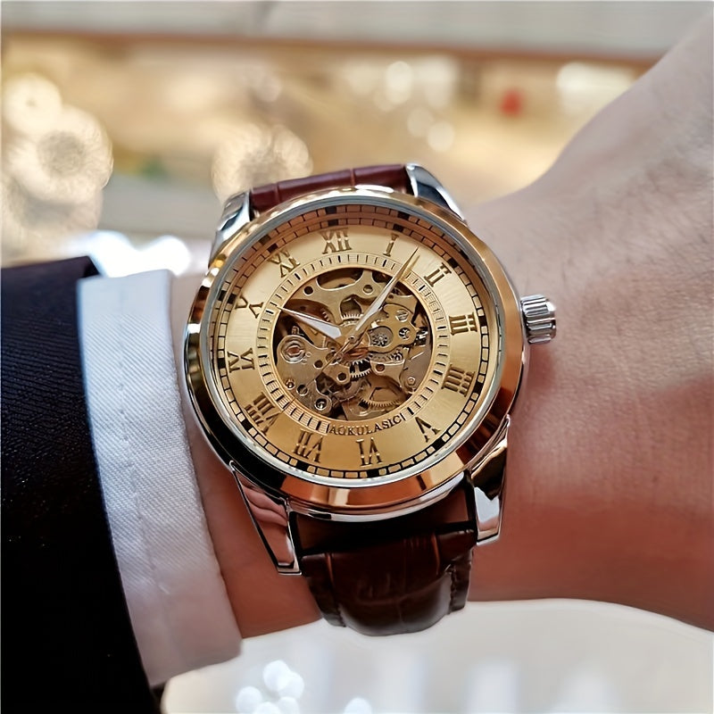 Men's Automatic Mechanical Watch Skeleton Design Brown Faux Leather Strap Casual Business Gift