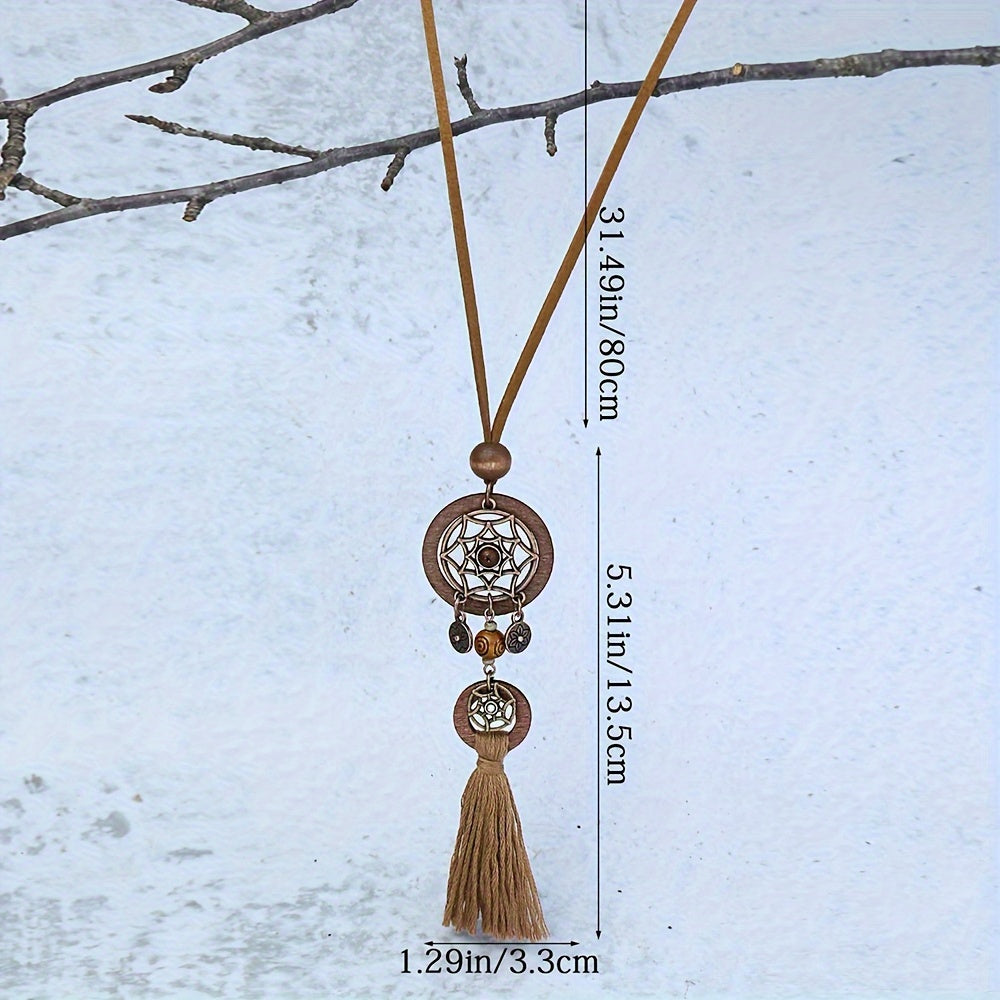 Women's Boho Pendant Necklace with Dark Brown Wooden Tassel and Zinc Alloy Material
