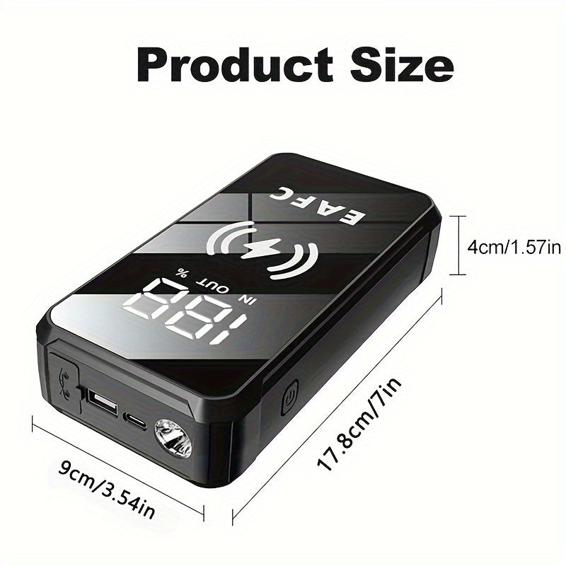 EAFC MultiFunction Portativ Avtomobilni Qayta Ishga Tushirish Qurilmasi 6.0L Benzinli Avtomobil va 4.0L Dizel Avtomobil uchun, Simsiz Zaryadlash, Qayta Zaryadlanuvchi Litiy Batareya, 10W Chiqish Quvvati va USB Zaryadlash bilan.