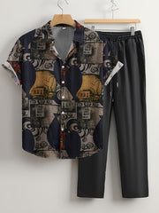 Men's Casual Geometric Print Shirt and Pants Set Lightweight Polyester Summer Non-Stretch
