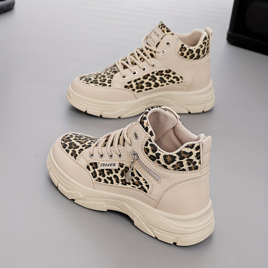 Women’s Leopard Blue White High-Top Sneakers with Thick Sole