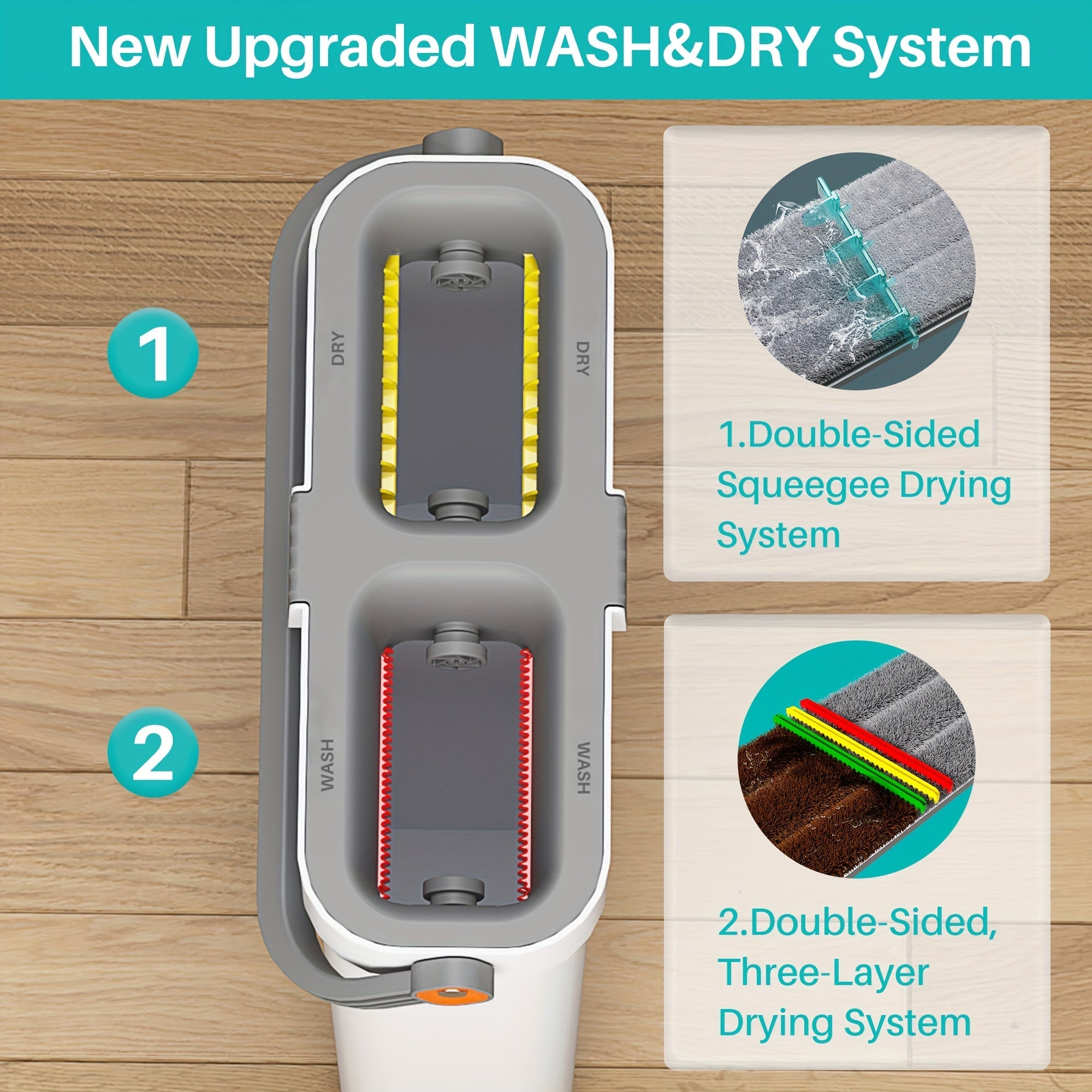 Uy uchun mop va kova to'plami, 2 ta tekis mop, 2 ta mato, qirqish, 360° buriladigan bosh bilan