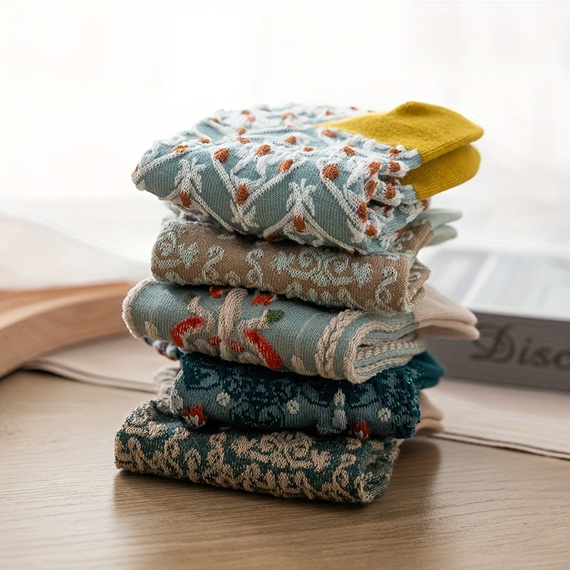 Women Floral Print Ankle Socks 8 Pairs Retro Court Style Knit Short Socks