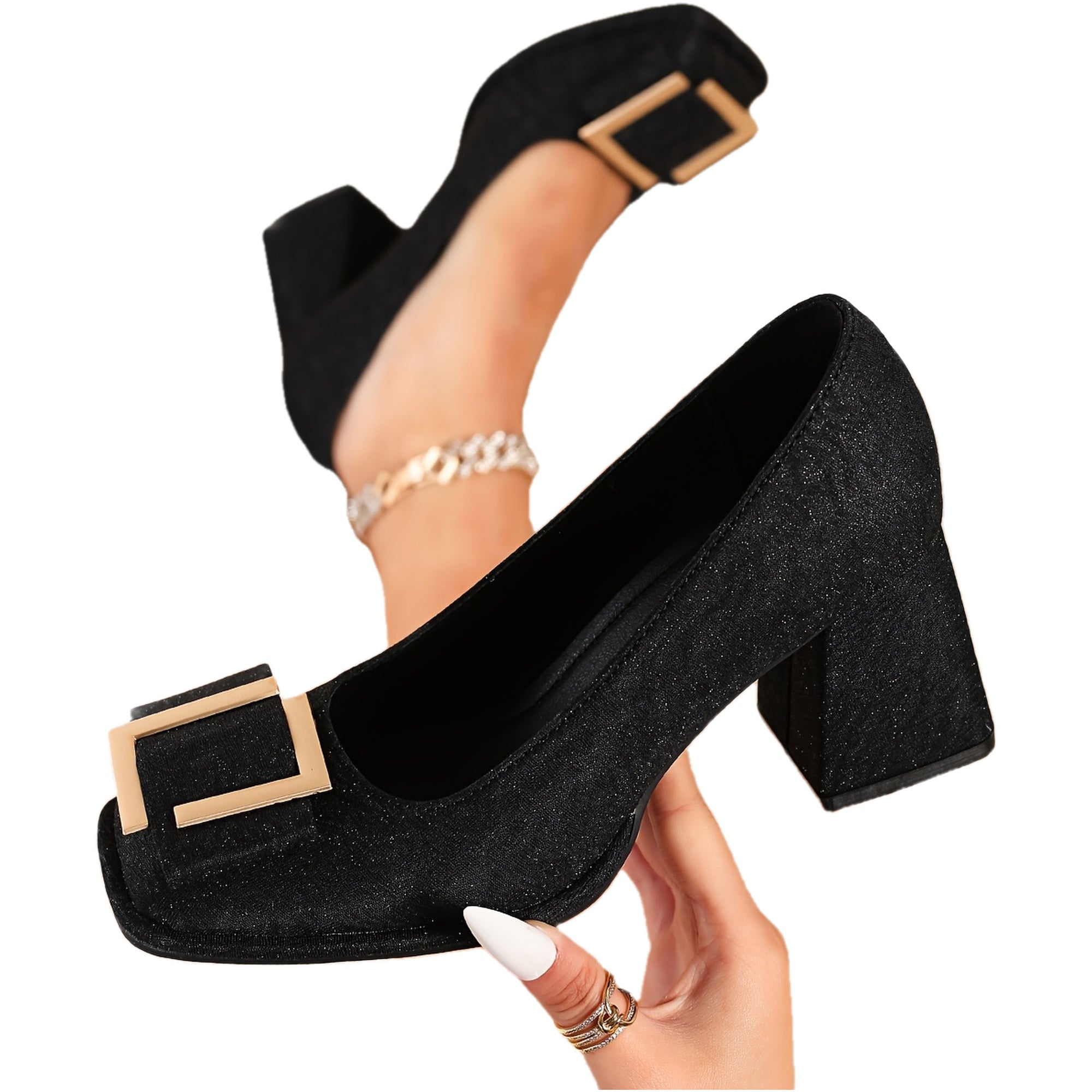 Women's Square Toe Mary Jane Pumps Glitter Block Heel Fabric White Gold