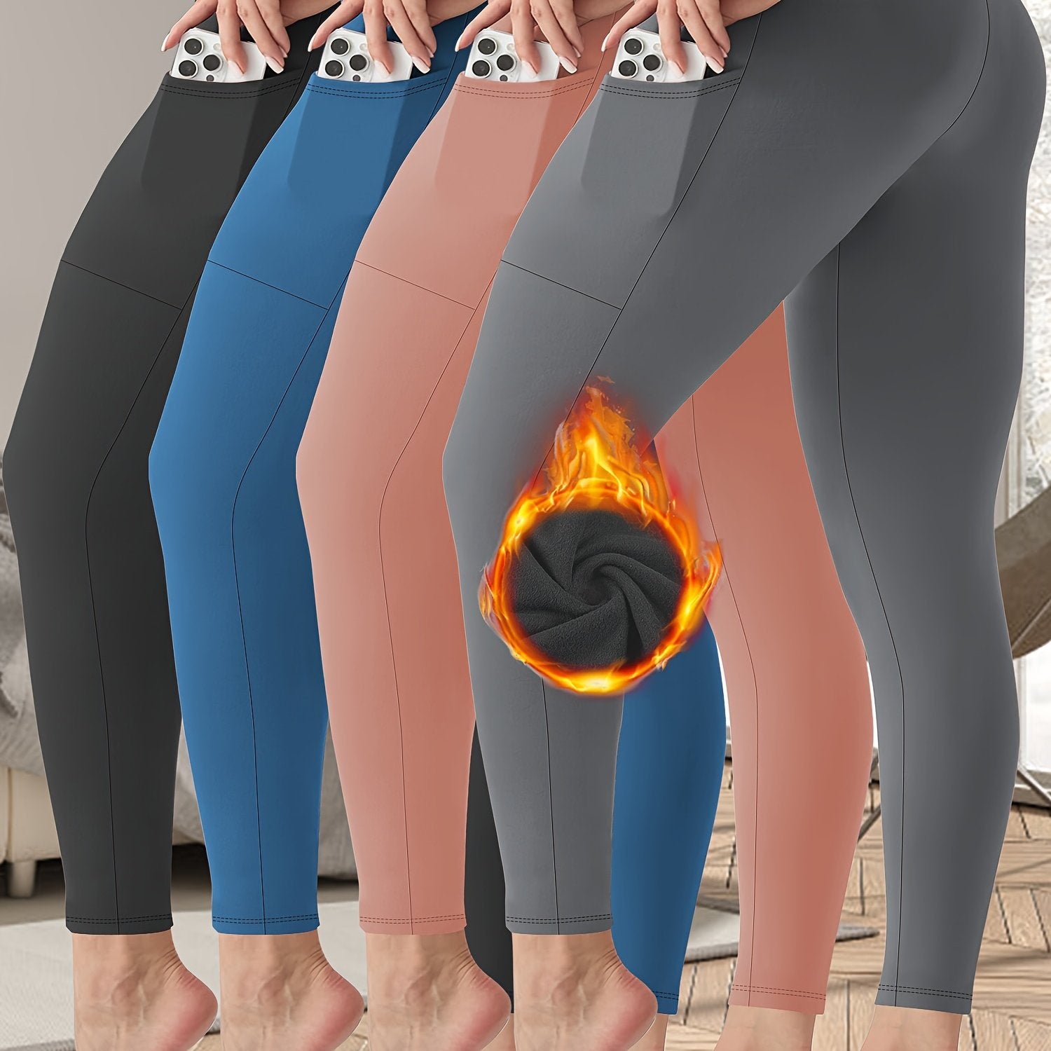 Leggings de cintura alta con forro de felpa y bolsillos para otoño/invierno