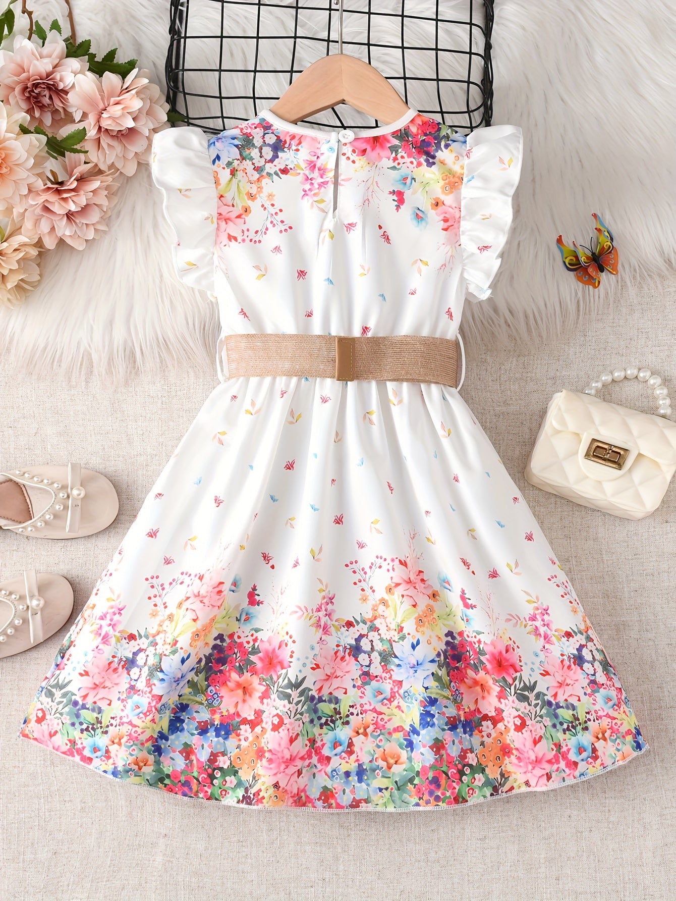 Girls Floral Princess Dress with Flutter Sleeves and Belt for Summer