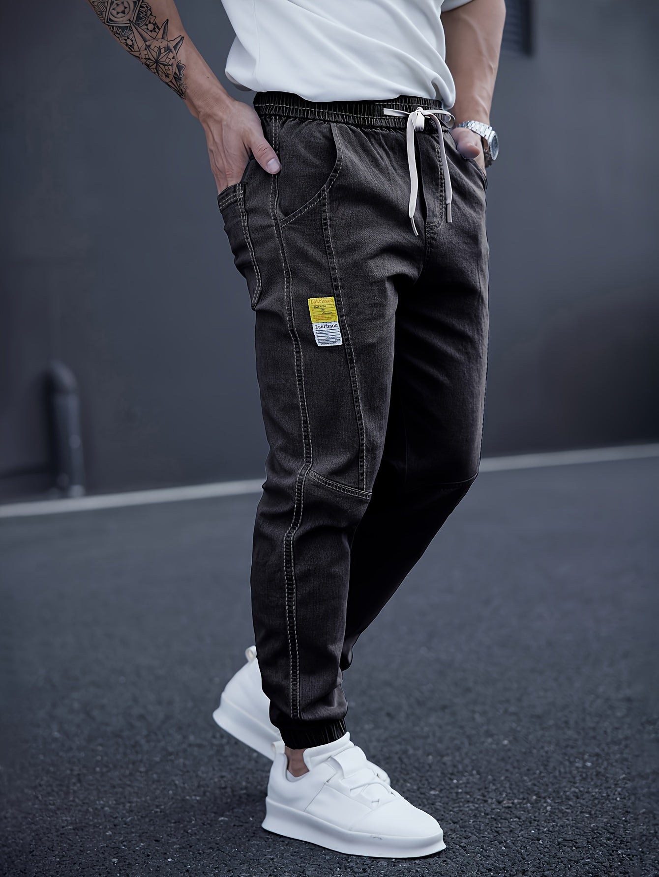 Men's Cropped Jogger Jeans with Elastic Waist Drawstring Utility Pockets Medium Stretch Denim