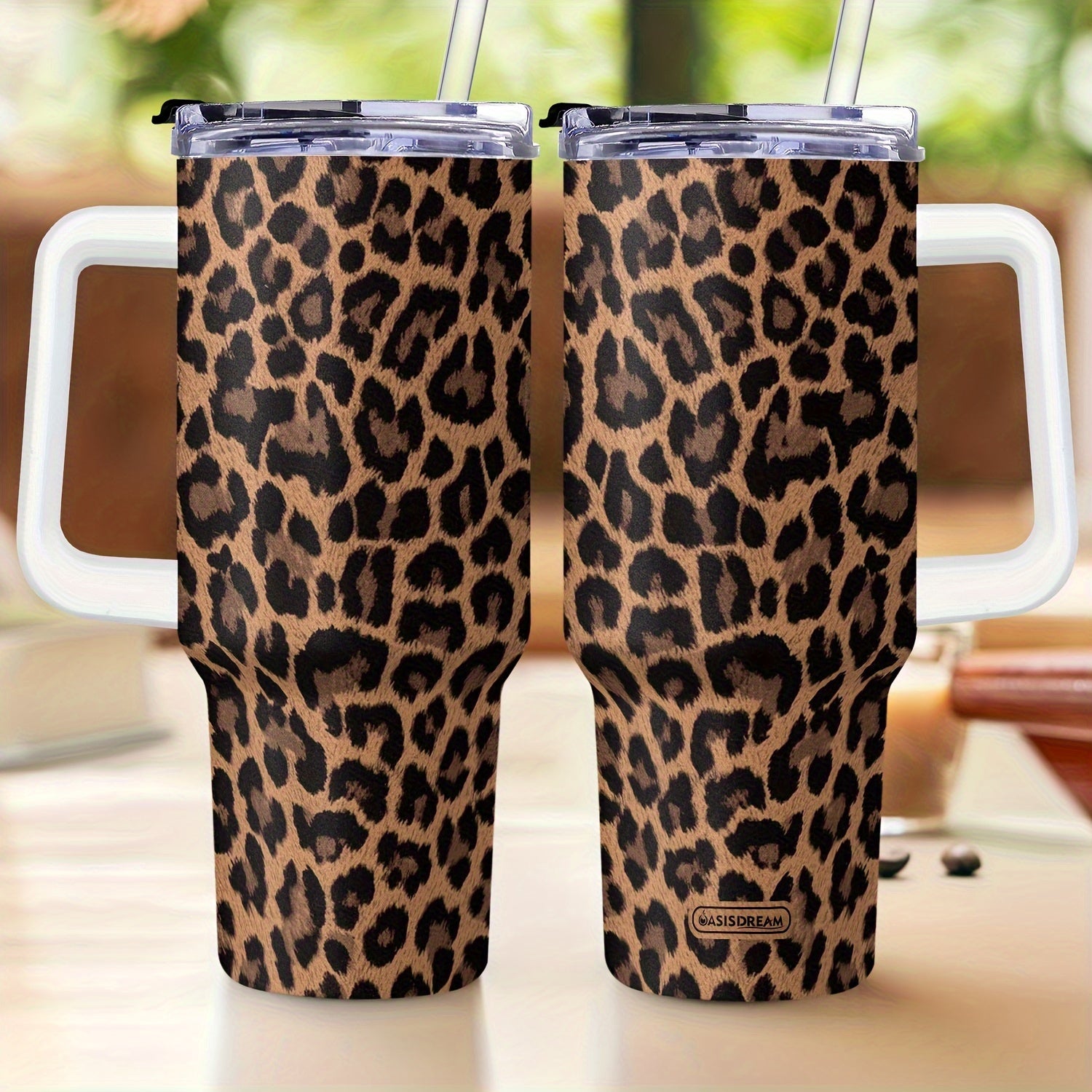 40oz Stainless Steel Tumbler with Handle and Lid Leopard Print Double Wall Vacuum Mug