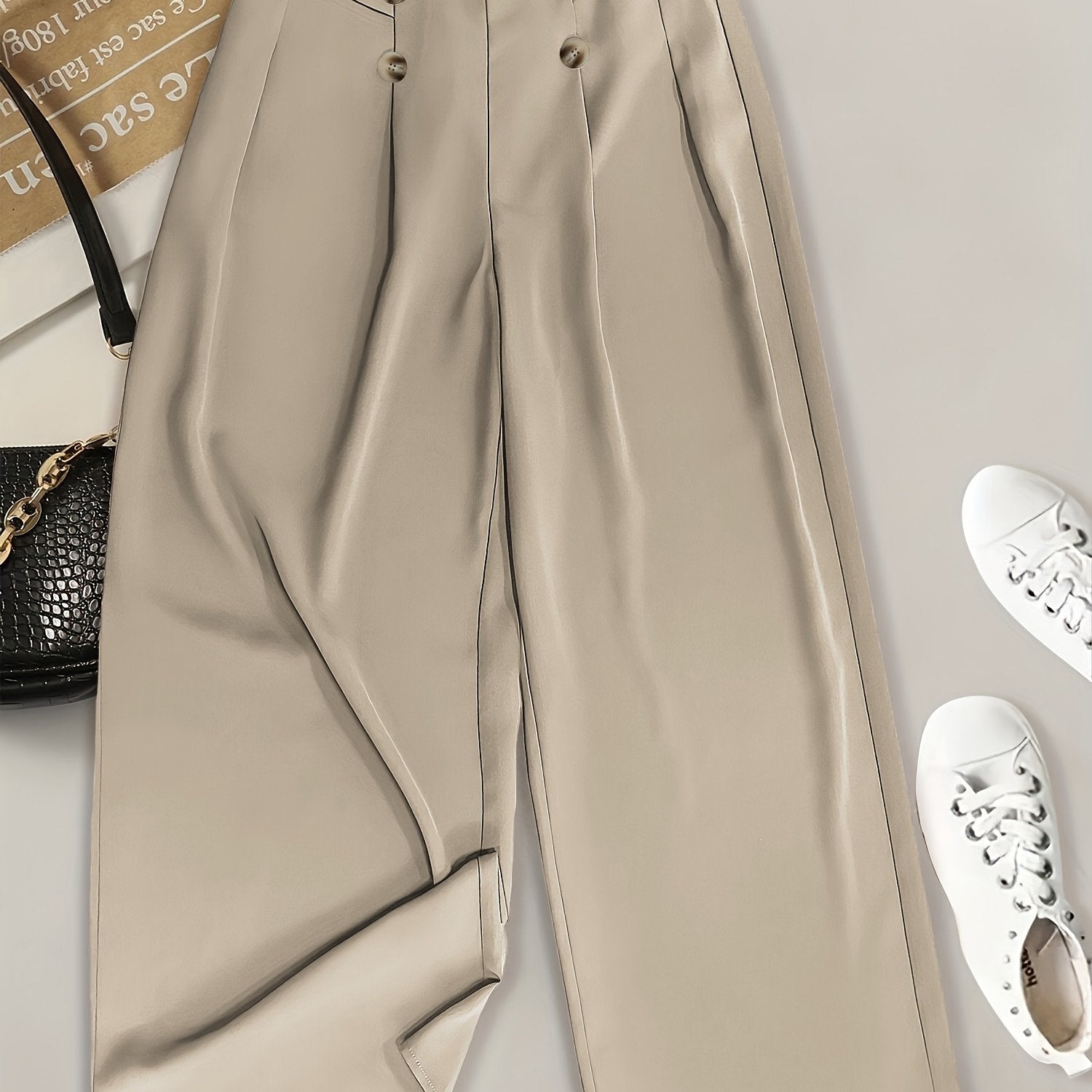 Women's Plus Size Wide Leg Pants Solid Button Detail Elastic Waist Fall Winter Polyester