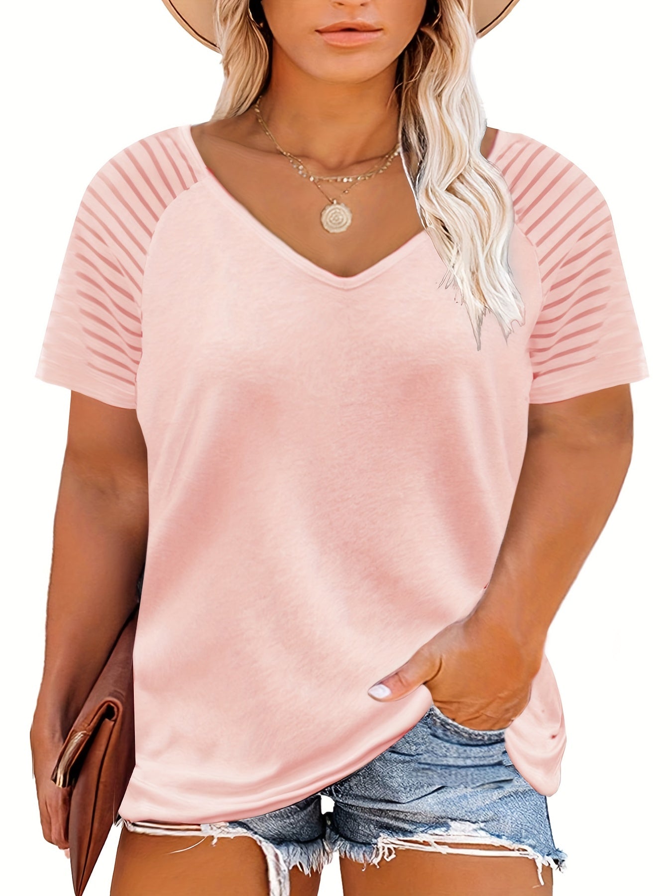 Plus Size Women's V-Neck Short Sleeve T-Shirt with Stretch