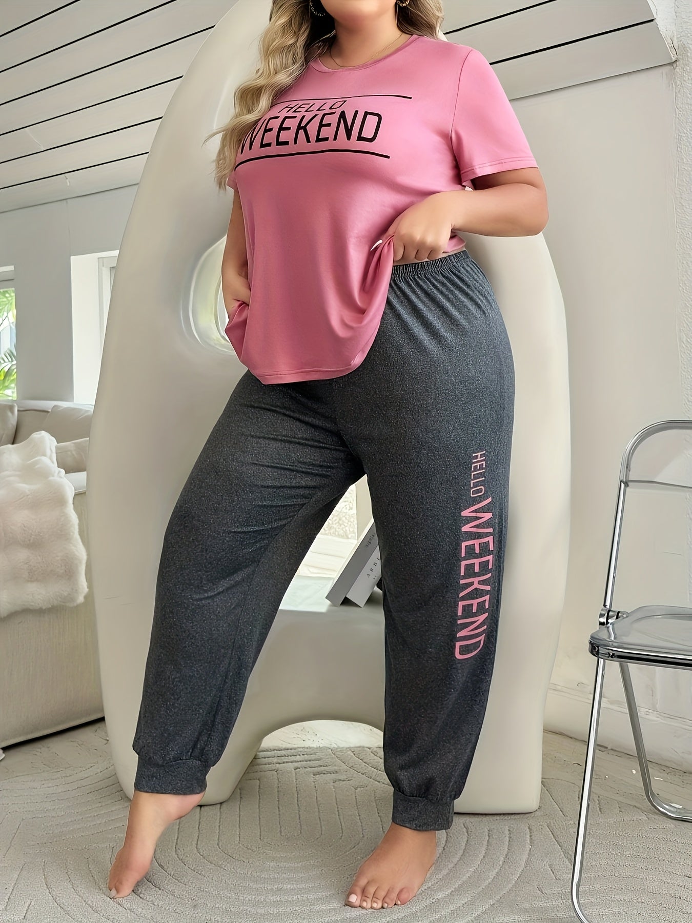 Plus-Size Women's Letter Pattern Pajama Set Polyester Short Sleeve Casual