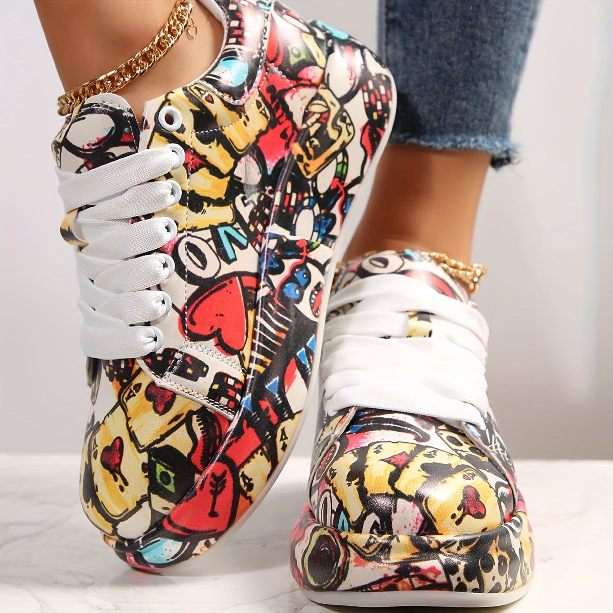 Women's Graffiti Print Skate Shoes, Lace Up Platform Sneakers