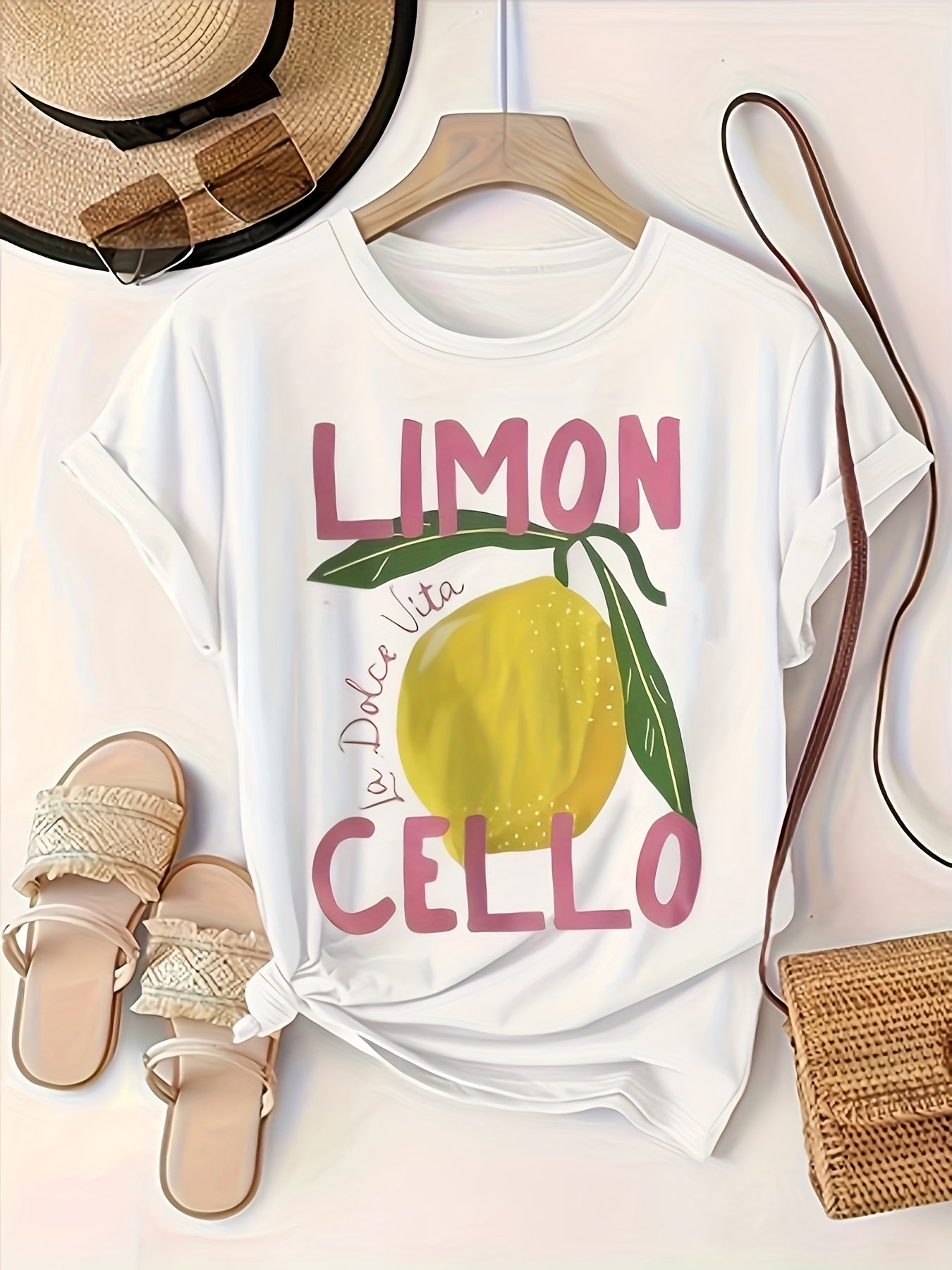 Plus Size Women's Lemon Graphic Print T-Shirt White Casual Short Sleeve