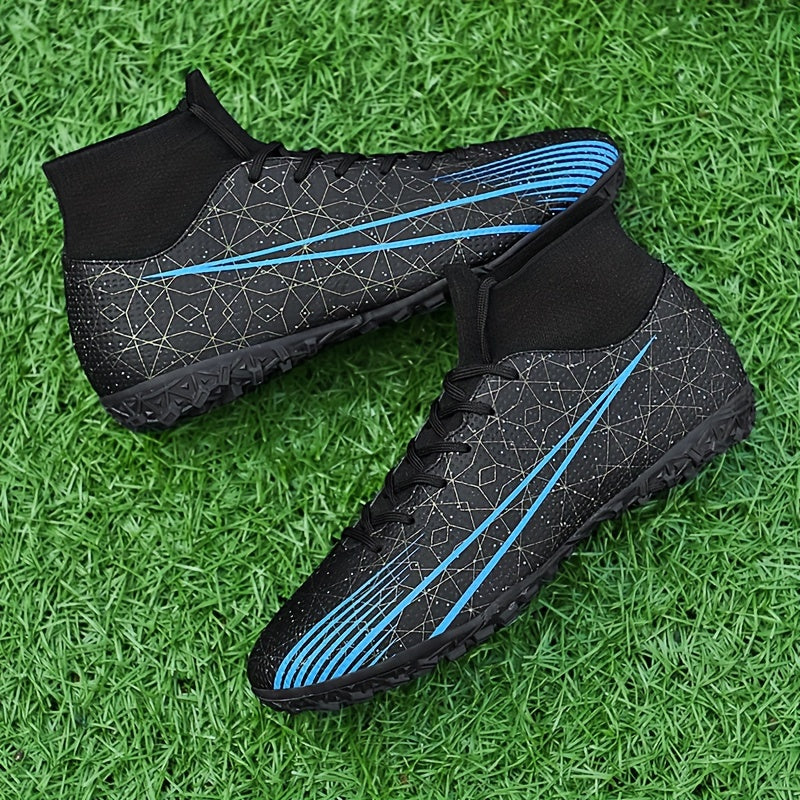 High-Top Turf Soccer Shoes Breathable Fabric Striped Traction for Artificial Grass