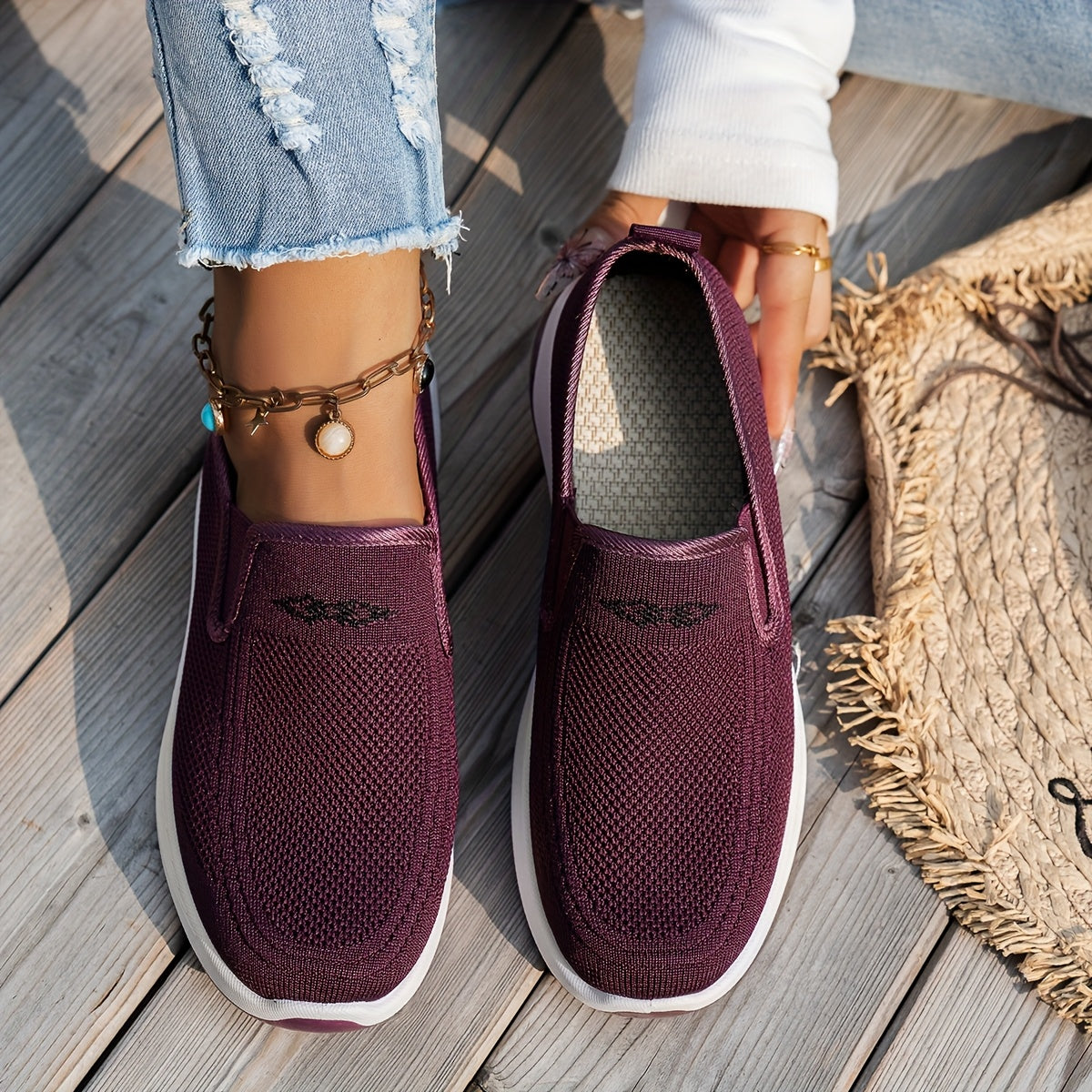Women's Slip-On Casual Sneakers - Breathable Fabric, Rubber Sole, All-Season Black and White