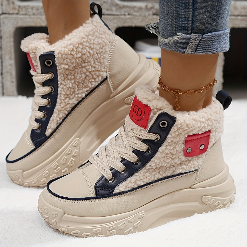 Women’s Chunky Platform Ankle Boots Winter Fleece-Lined Low Heel Lace-Up Shoes