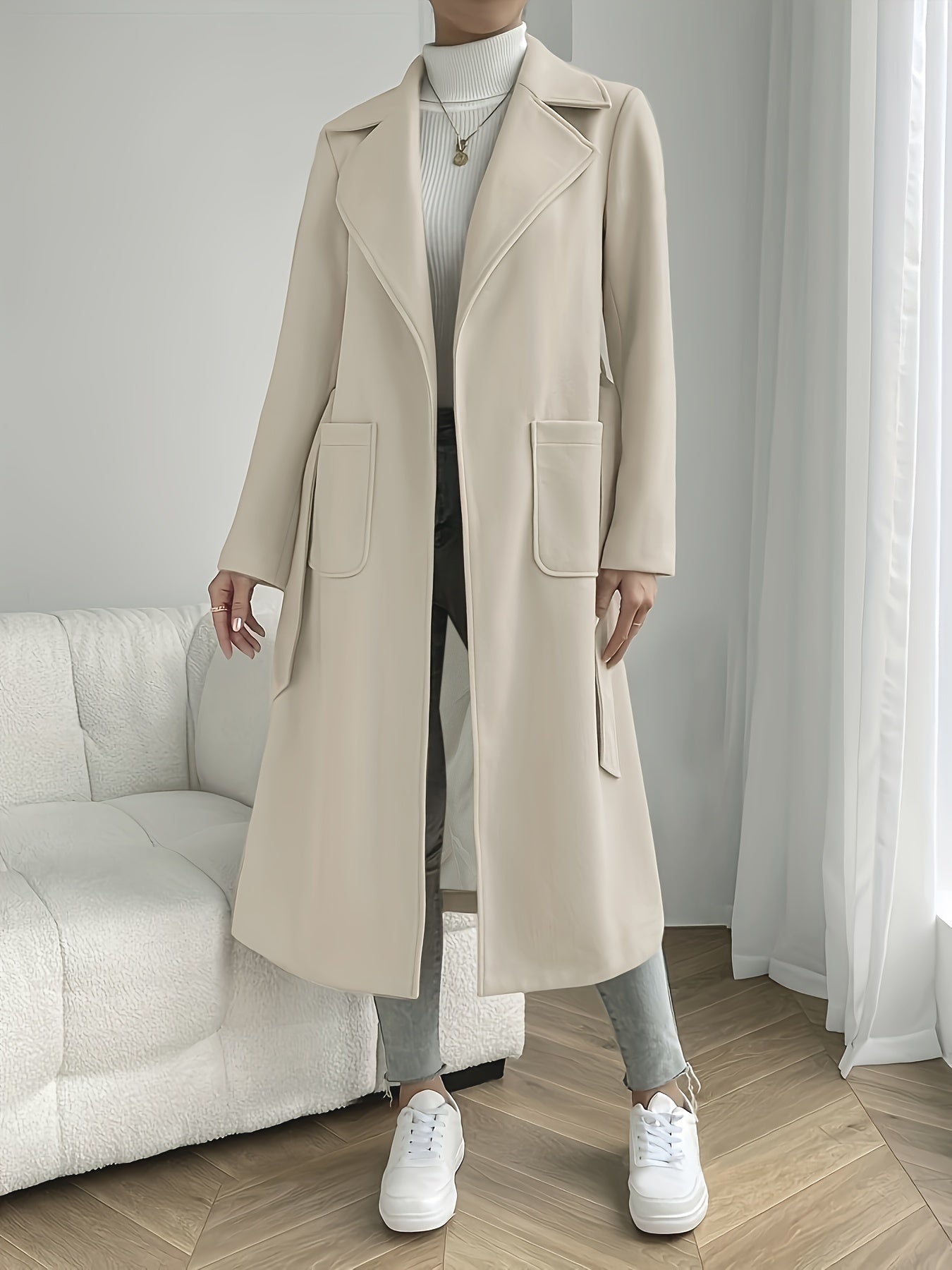 Women's Solid Color Wool Blend Overcoat with Belt Long Sleeve Fall Winter Outerwear