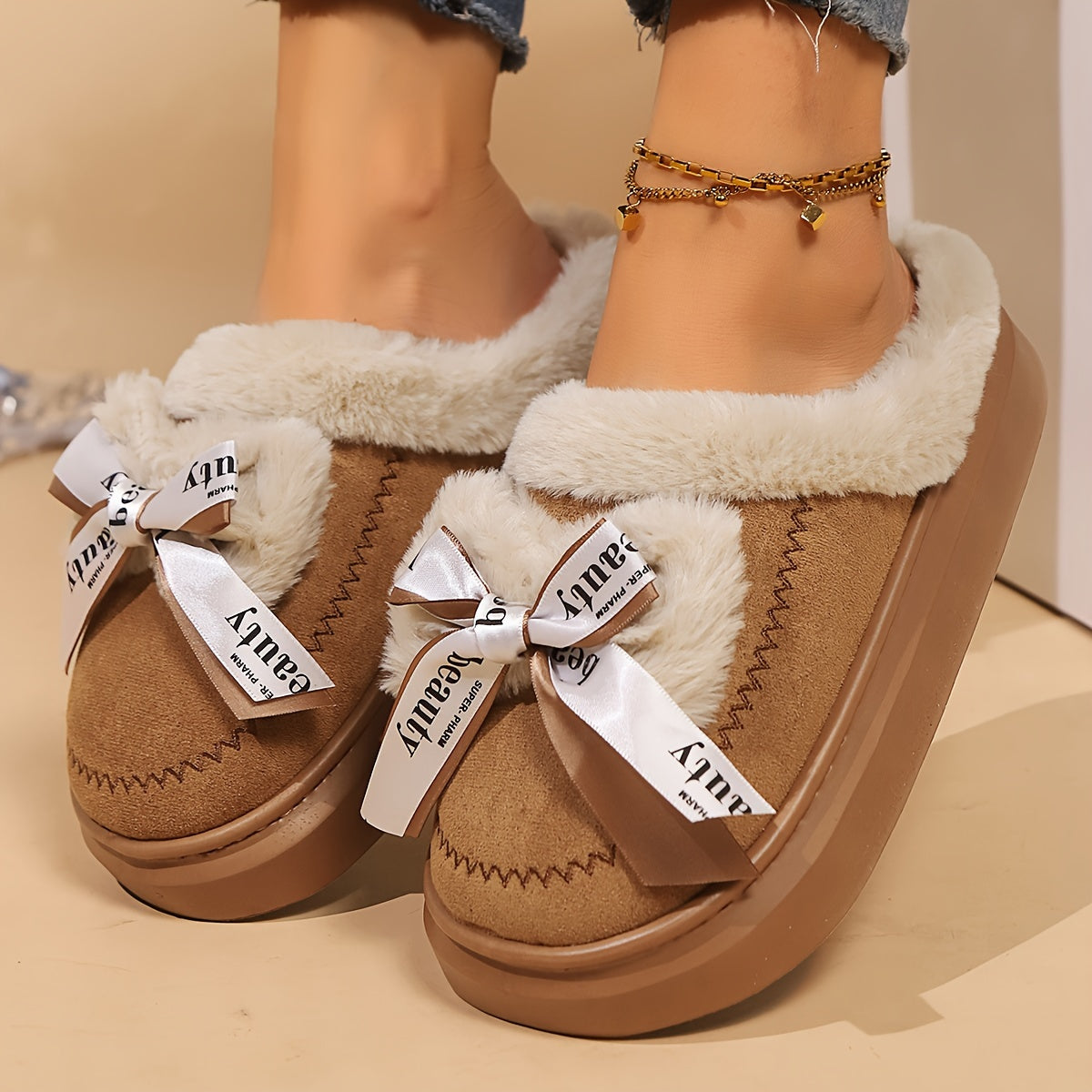 Women’s Plush Winter Slippers with Bowknot Non-Slip Sole for Indoor Outdoor