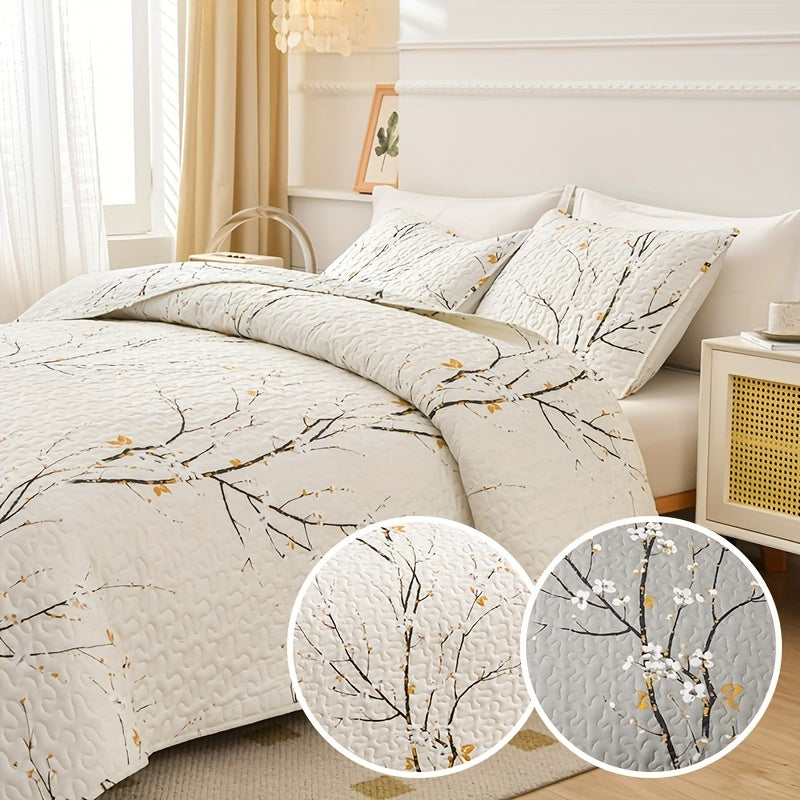 Elegant Plum Blossom Bedding Set 3 Pieces Quilt and Pillowcases Breathable Soft for All Seasons