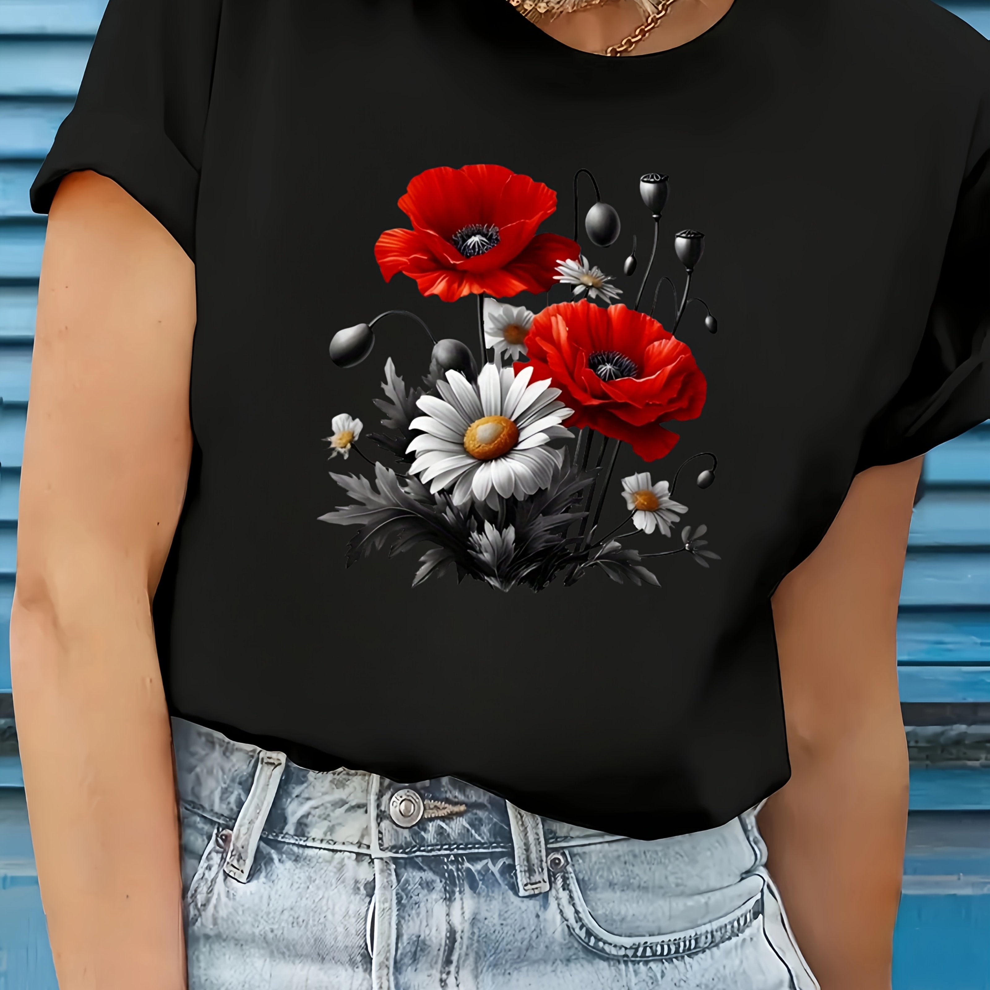 Plus Size Women's Floral Print T-Shirt Blue Short Sleeve Casual Top