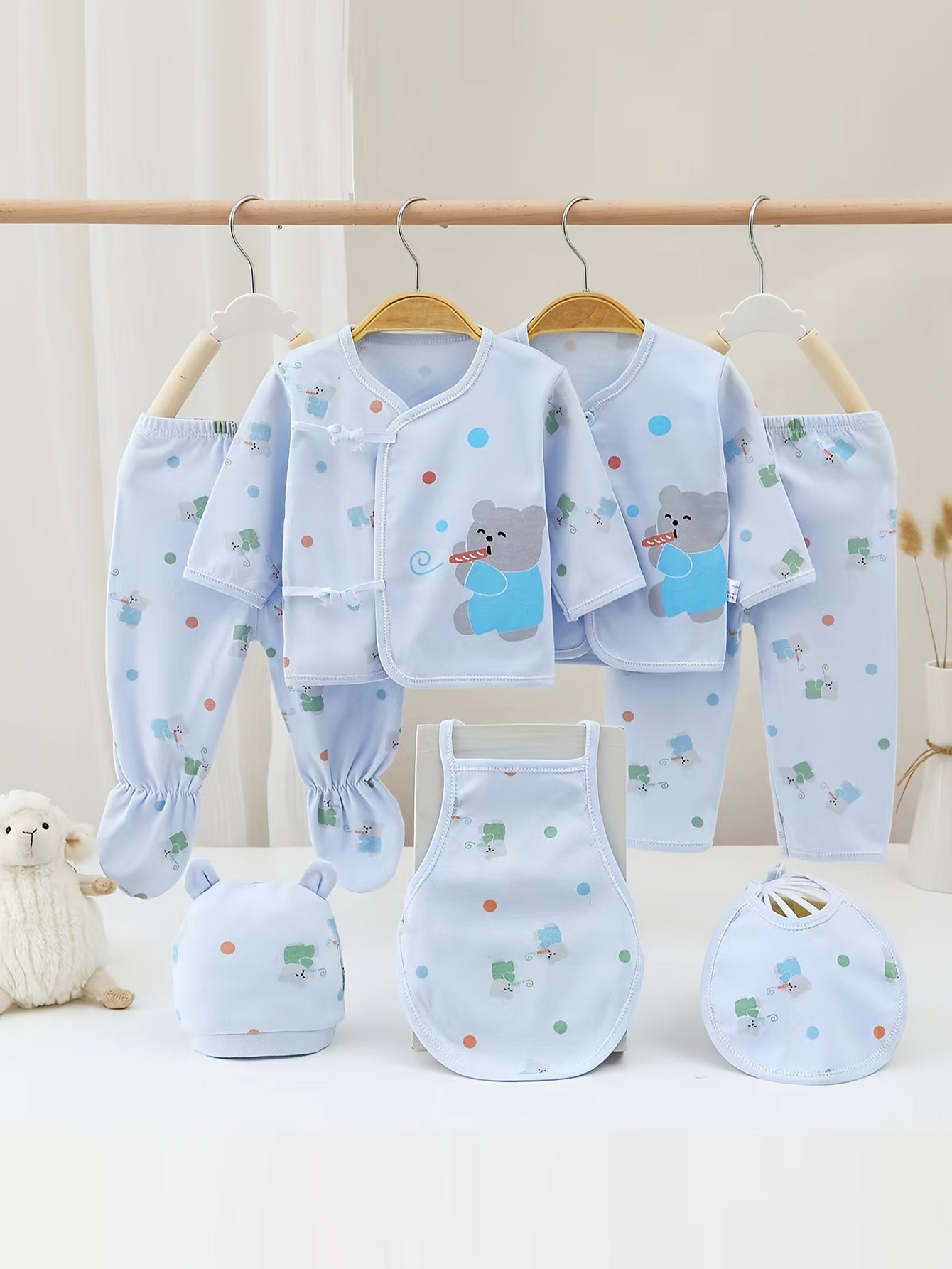 Baby Girl Cotton Clothing Set 7-Piece with Bear and Rabbit Cartoon All Over Print