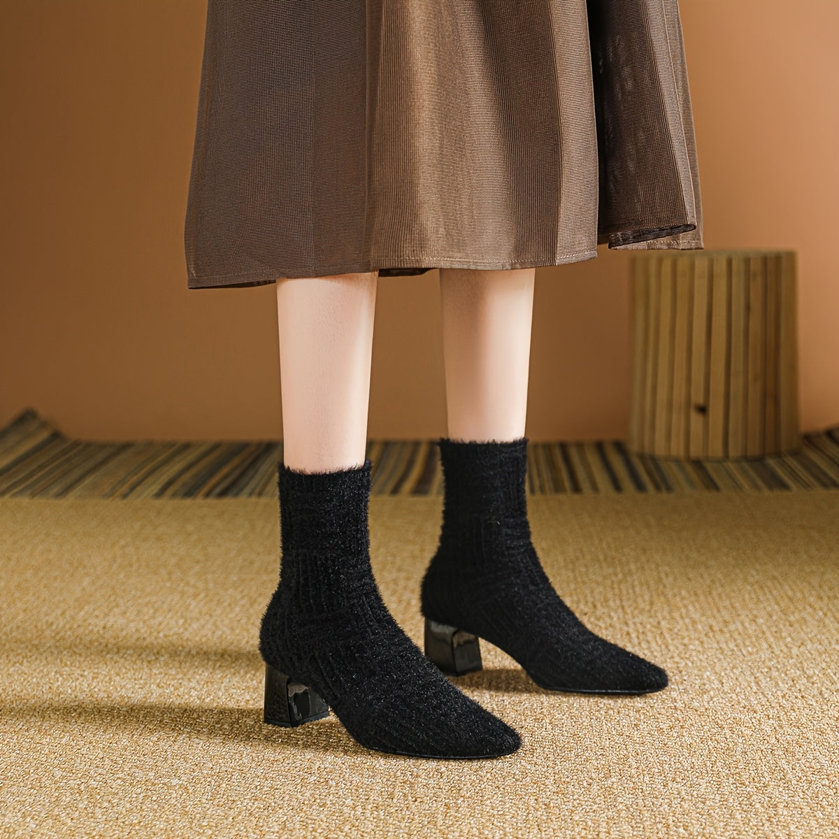 Women's Ankle Boots Knit Fabric Block Heel Slip-On Casual Styles