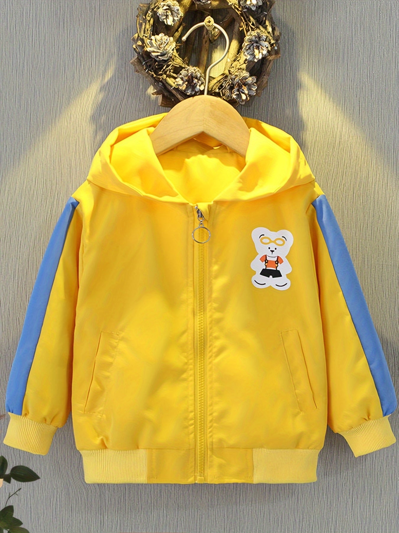 Boys' Lightweight Hooded Jacket with Bear Cartoon Print Yellow Blue Trim Fall Spring Kids Outerwear