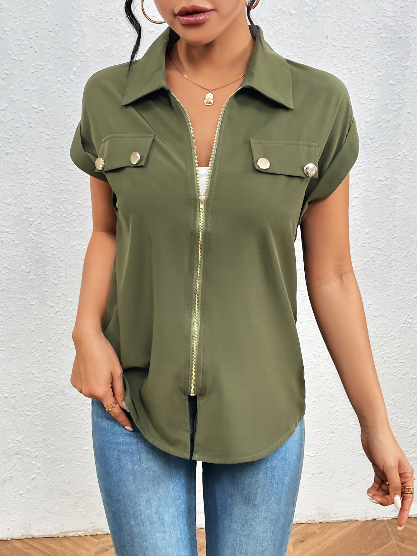 Women's Polyester Zip-Up Blouse with Lapel Collar for Casual and Formal Wear
