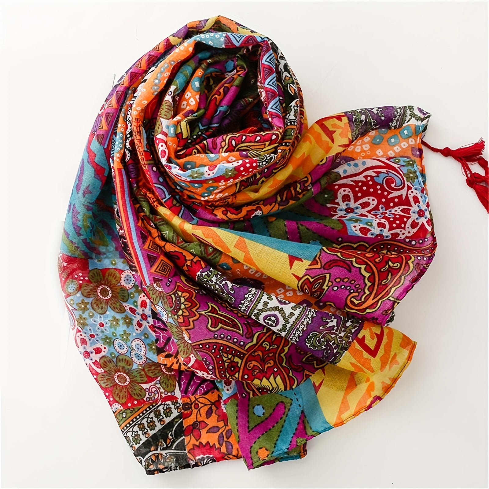 Women's Lightweight Printed Shawl with Tassels for Casual and Outdoor Wear
