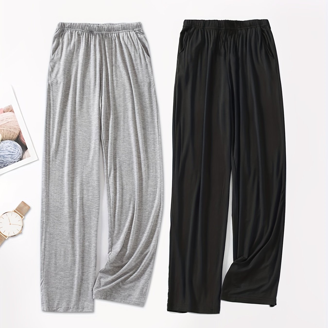 Pantalones de pijama para hombre de modal con cintura elástica, color sólido, conjunto de ropa de dormir casual, pack de 2