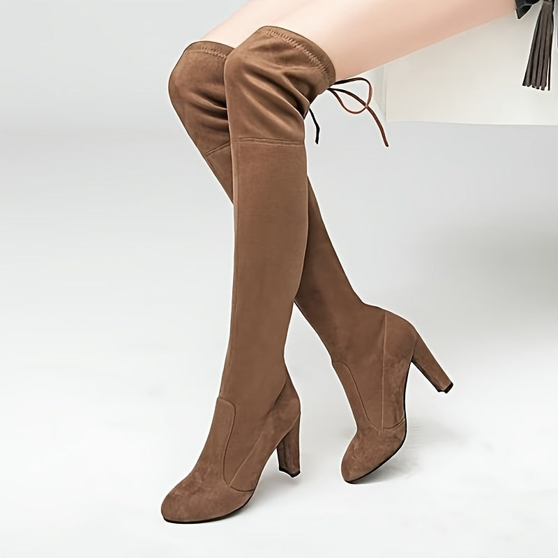 Women's Black Over-the-Knee Chunky Heel Boots Solid Color Casual Long Shoes