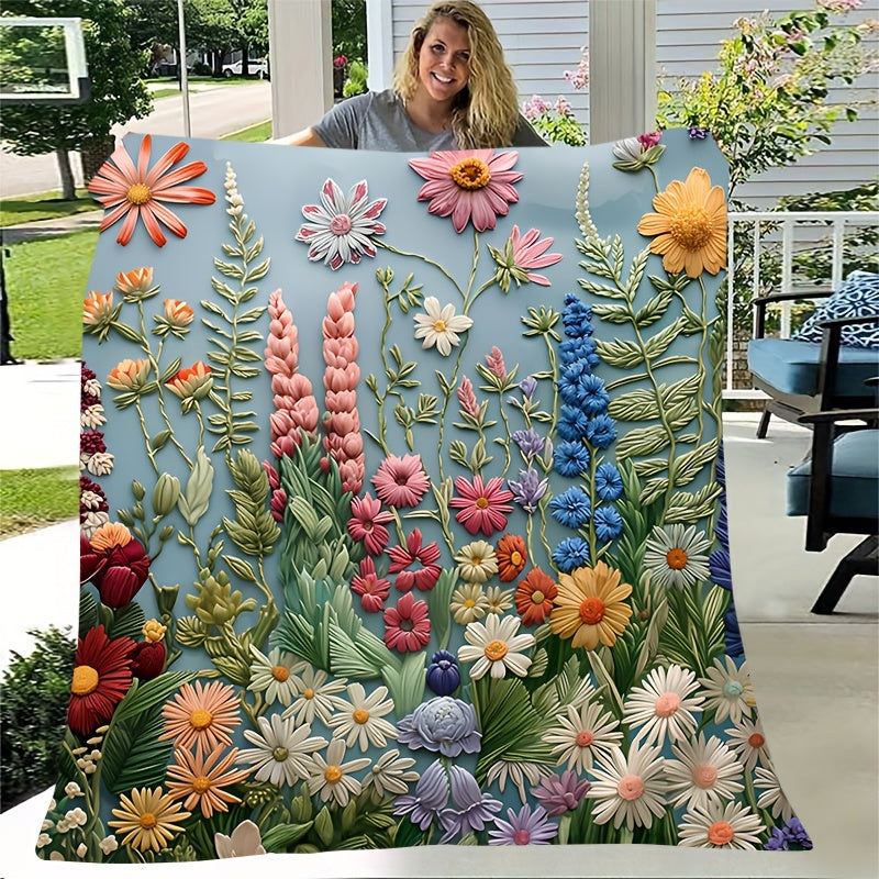 Floral Embroidered Throw Blanket Soft Cozy Flannel for Home Camping Travel
