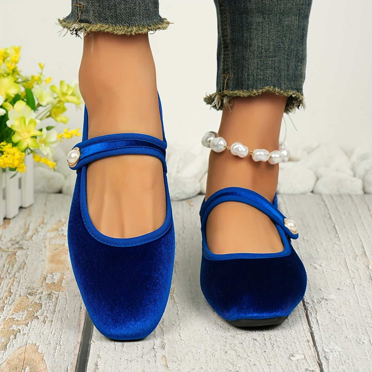 Ayollar uchun velur balet tufli, tassel detallari bilan, slip-on, kvadrat barmoqli poyabzal