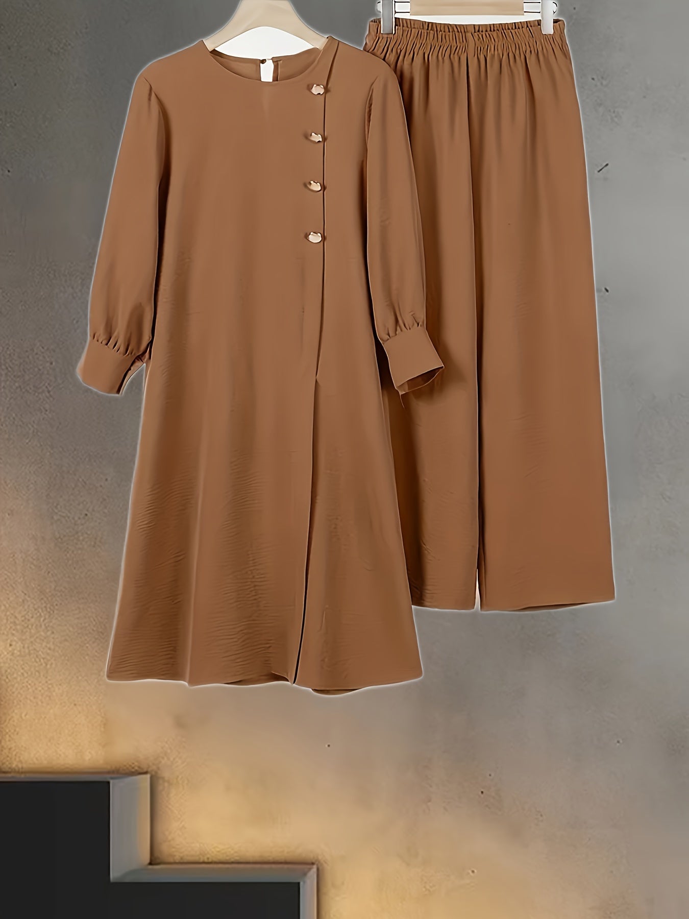 Women's Muslim Outfit Long Sleeve Button-Up Shirt Wide-Leg Pants Casual Wear Polyester