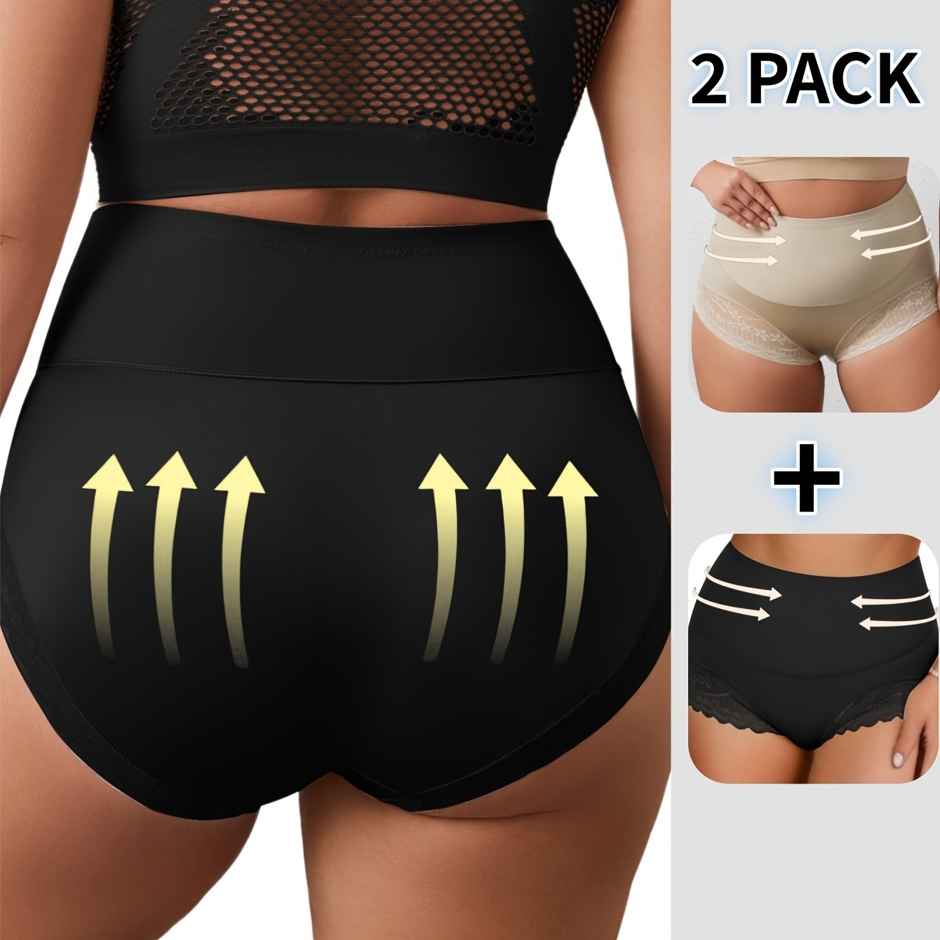 Plus Size High Waist Tummy Control Panties 2-Pack Breathable Lace Underwear