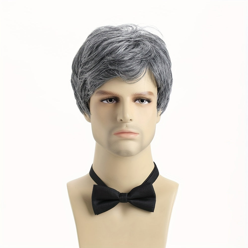 Men's Short Wavy Gray Wig with Side Bangs, 25.4cm Synthetic Fiber for Daily Wear and Parties
