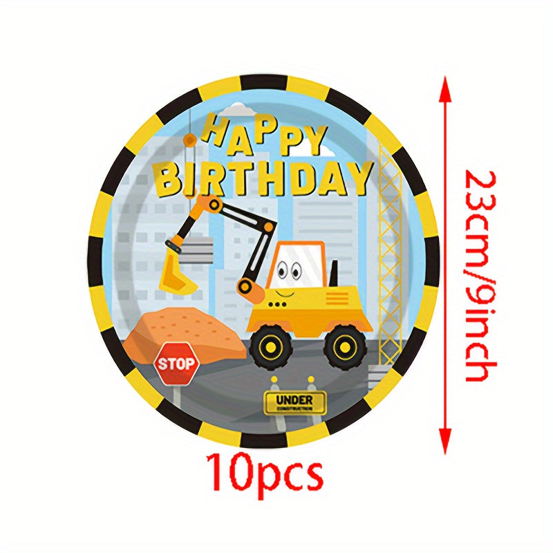 Набор для празднования дня рождения строительной самосвальной машины включает одноразовые тарелки, стаканы, салфетки для детского праздника