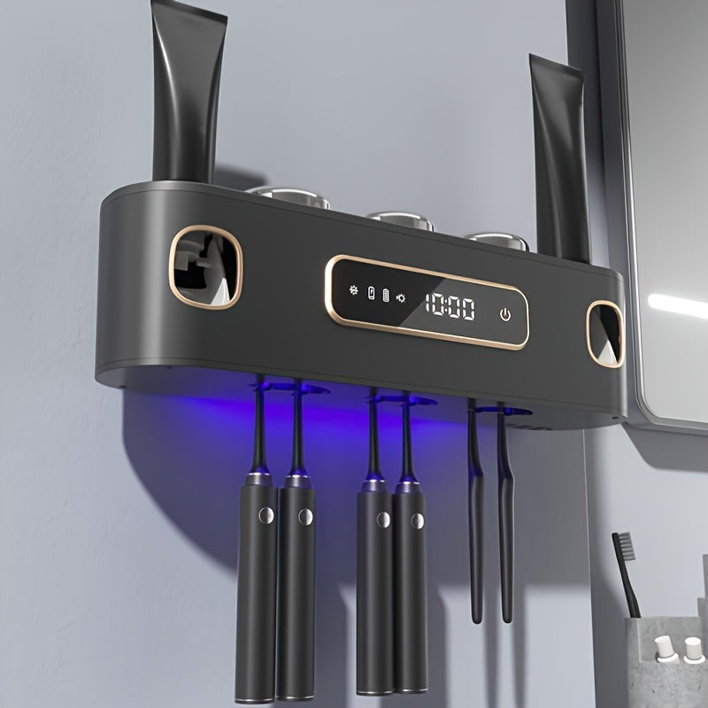 Black Wall-Mounted USB Rechargeable Smart Toothbrush Holder with Double Toothpaste Dispenser